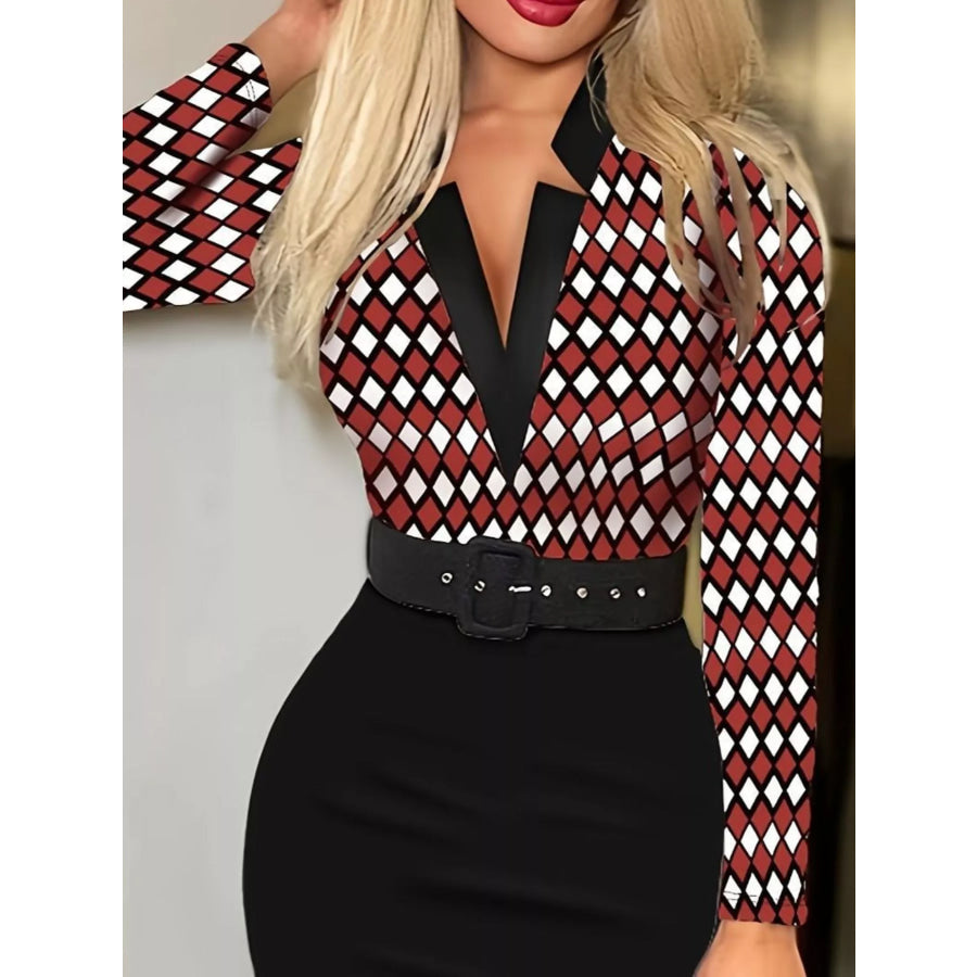 Full Size Notched Long Sleeve Dress Plus Size Plaid / S Apparel and Accessories