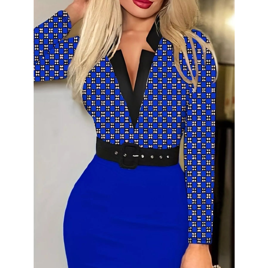 Full Size Notched Long Sleeve Dress Plus Size Royal Blue / S Apparel and Accessories