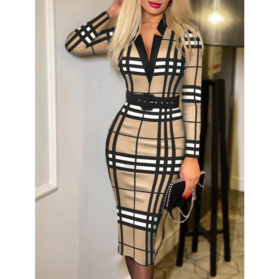 Full Size Notched Long Sleeve Dress Plus Size Tan / S Apparel and Accessories