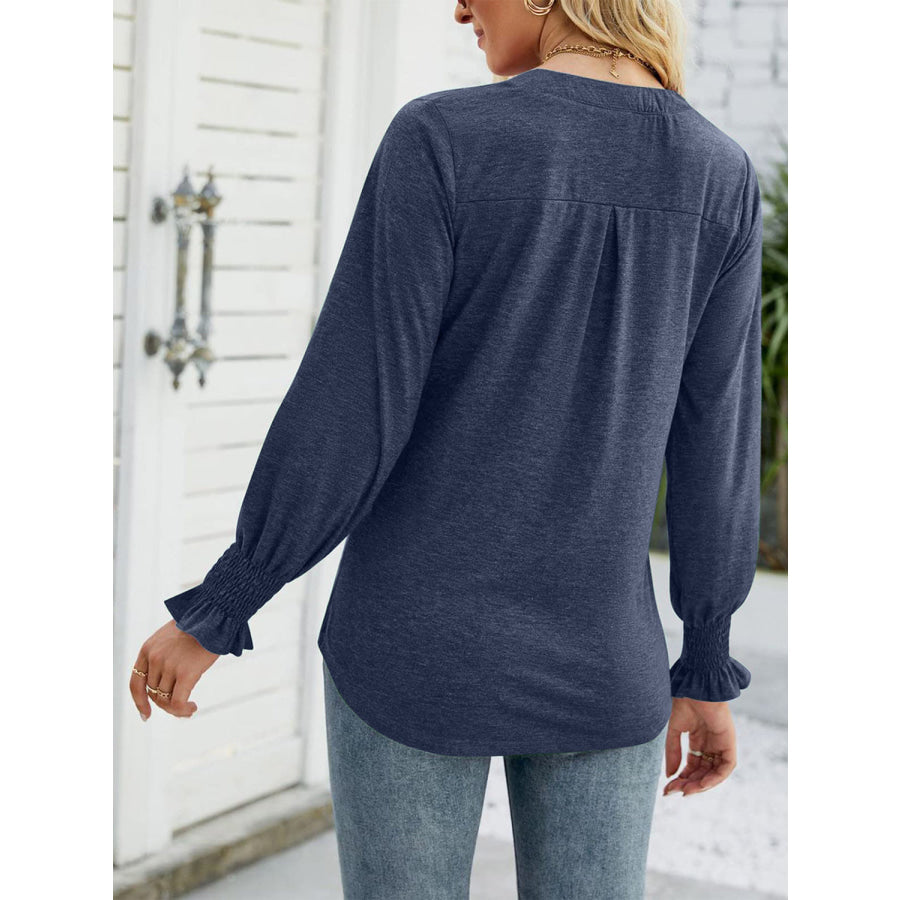 Full Size Notched Long Sleeve T-Shirt Indigo / S Apparel and Accessories