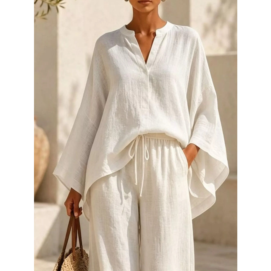 Full Size Notched Long Sleeve Top and Wide-Leg Pants Set Plus Size Apparel and Accessories