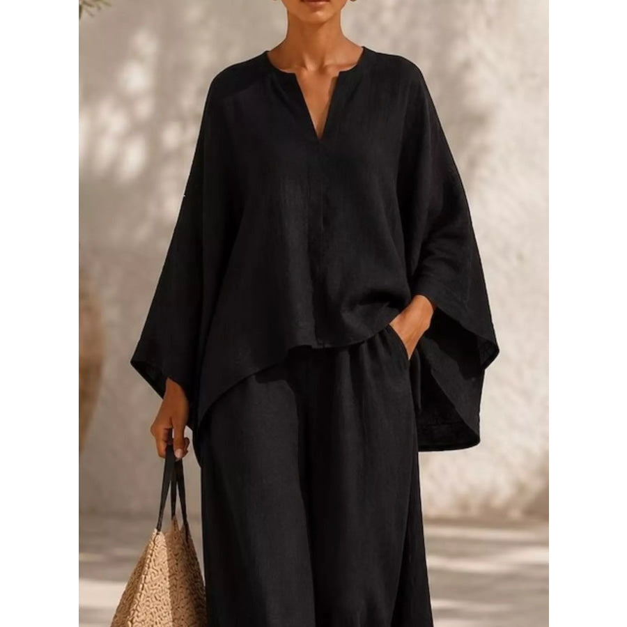 Full Size Notched Long Sleeve Top and Wide-Leg Pants Set Plus Size Apparel and Accessories