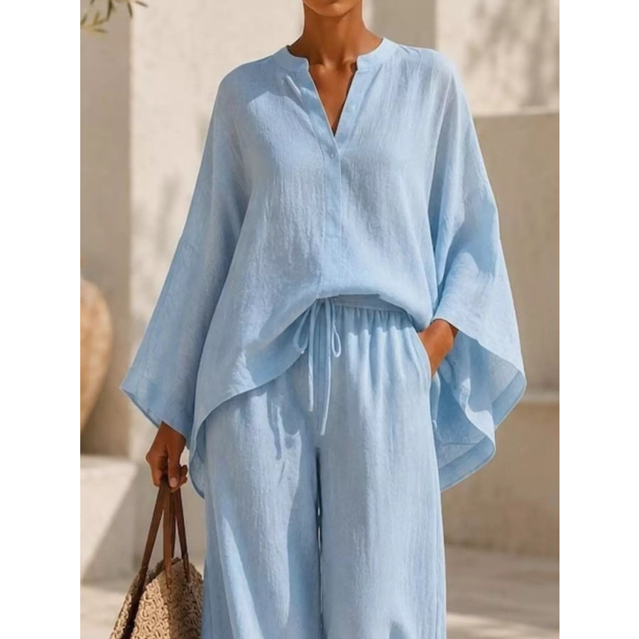 Full Size Notched Long Sleeve Top and Wide-Leg Pants Set Plus Size Apparel and Accessories