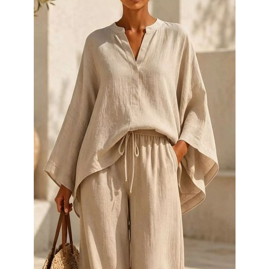 Full Size Notched Long Sleeve Top and Wide-Leg Pants Set Plus Size Apparel and Accessories
