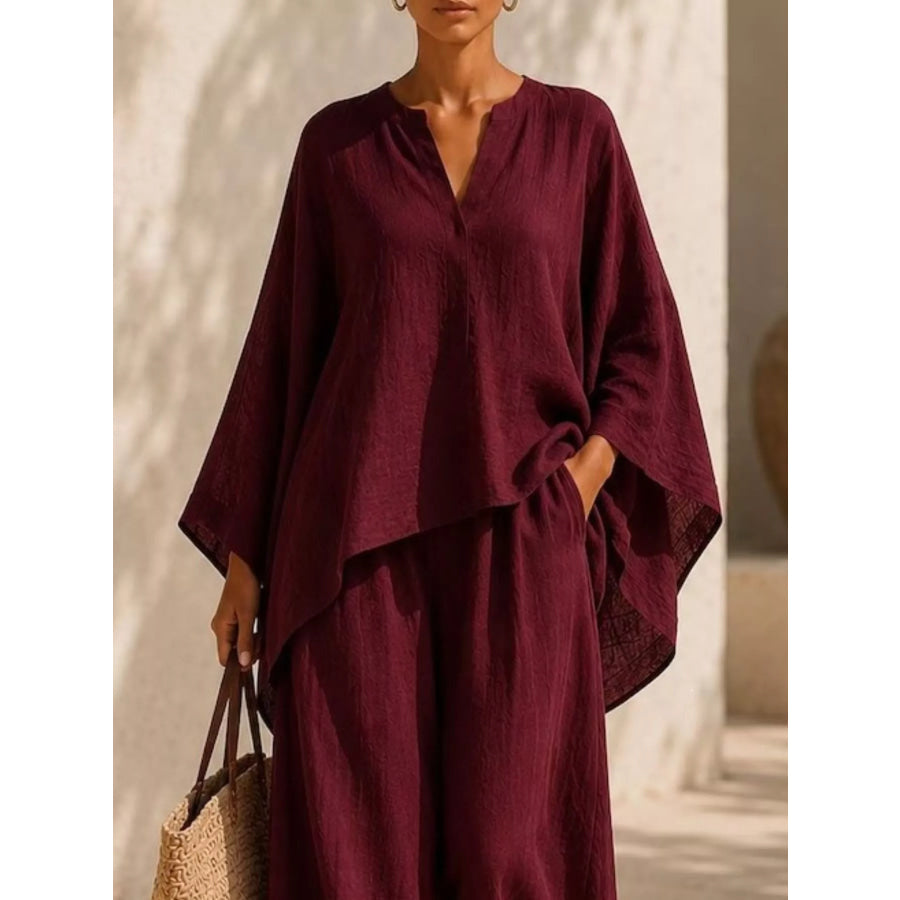 Full Size Notched Long Sleeve Top and Wide-Leg Pants Set Plus Size Apparel and Accessories