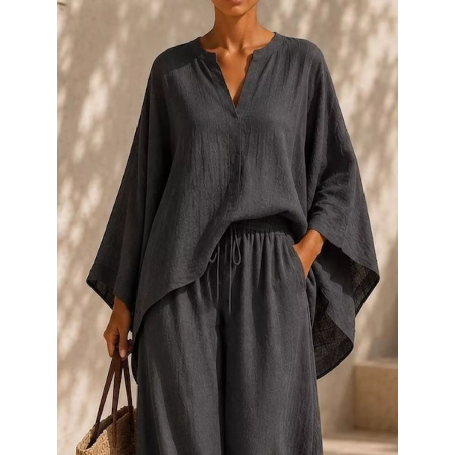 Full Size Notched Long Sleeve Top and Wide-Leg Pants Set Plus Size Apparel and Accessories