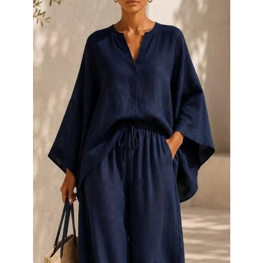 Full Size Notched Long Sleeve Top and Wide-Leg Pants Set Plus Size Apparel and Accessories