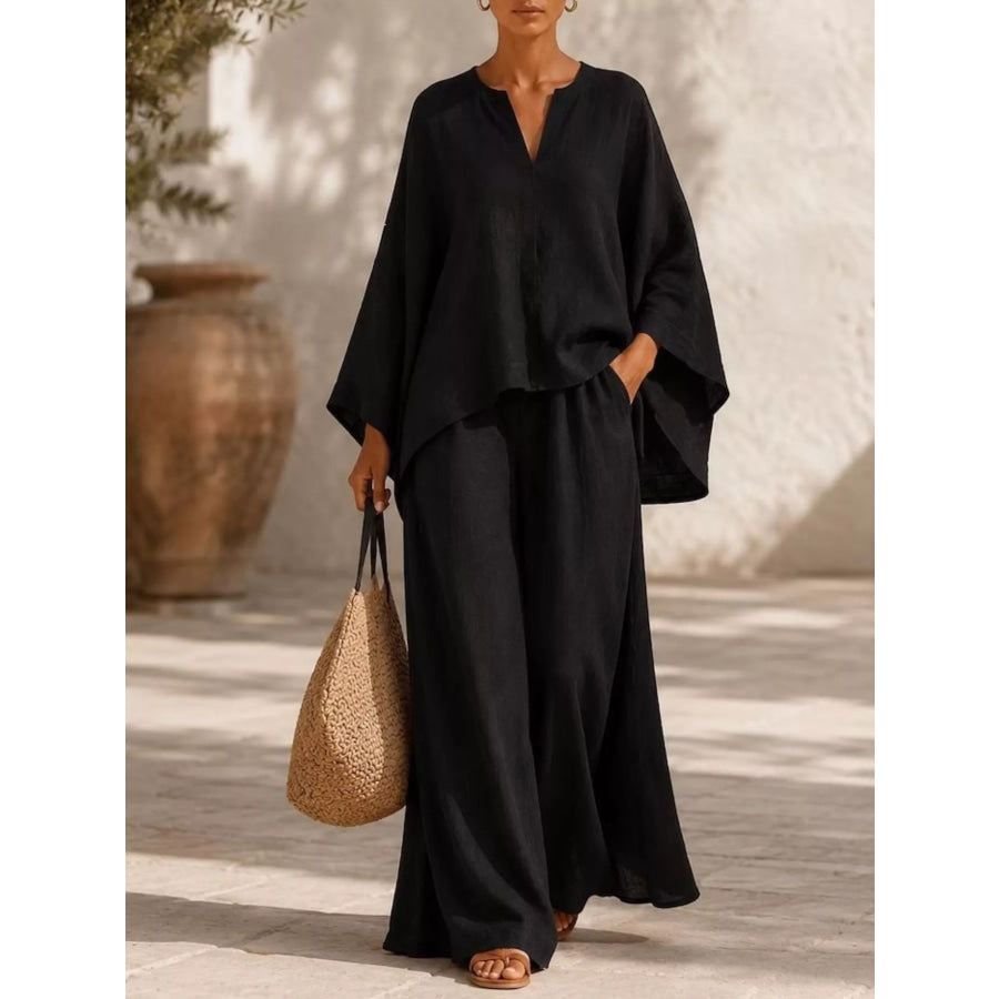Full Size Notched Long Sleeve Top and Wide-Leg Pants Set Plus Size Black / S Apparel and Accessories