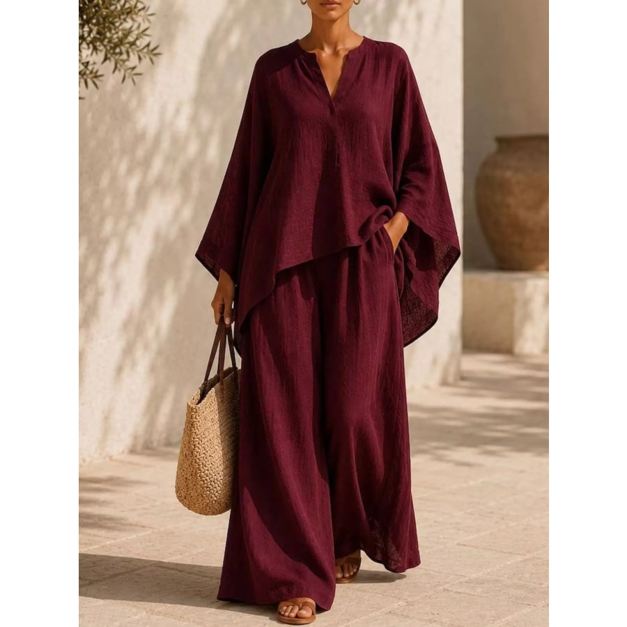 Full Size Notched Long Sleeve Top and Wide-Leg Pants Set Plus Size Burgundy / S Apparel and Accessories