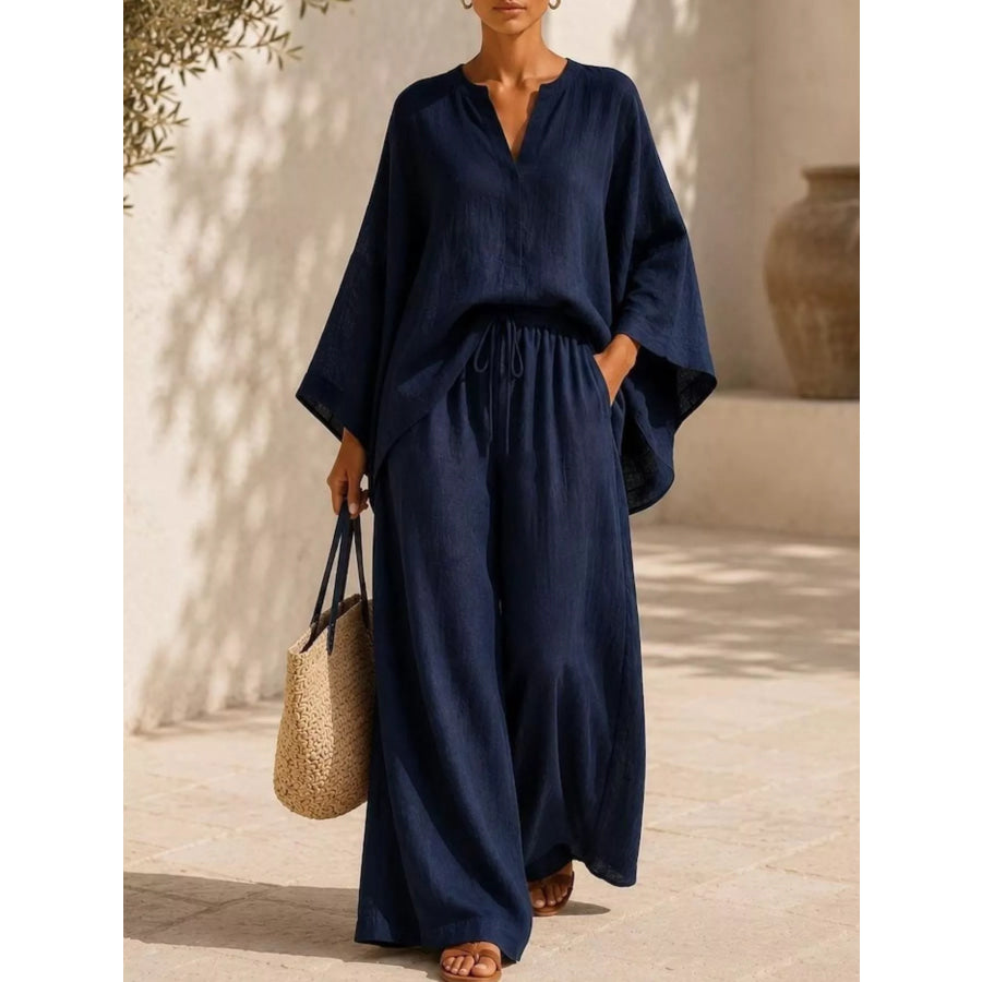 Full Size Notched Long Sleeve Top and Wide-Leg Pants Set Plus Size Dark Blue / S Apparel and Accessories