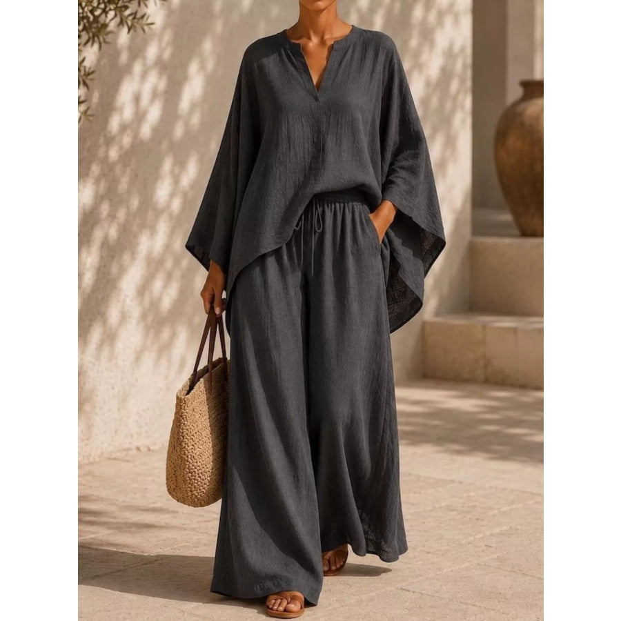 Full Size Notched Long Sleeve Top and Wide-Leg Pants Set Plus Size Dark Gray / S Apparel and Accessories