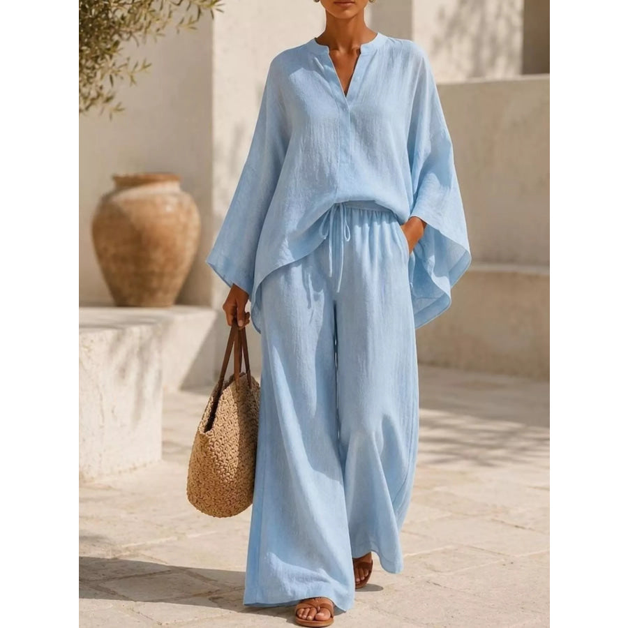 Full Size Notched Long Sleeve Top and Wide-Leg Pants Set Plus Size Light Blue / S Apparel and Accessories