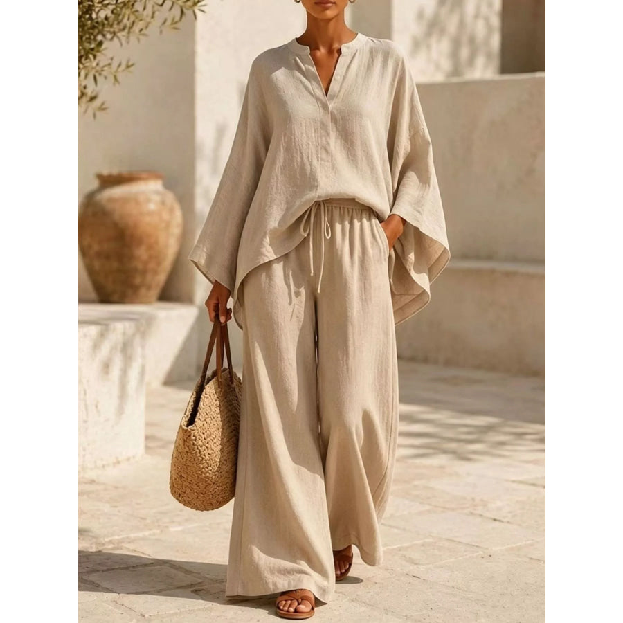 Full Size Notched Long Sleeve Top and Wide-Leg Pants Set Plus Size Tan / S Apparel and Accessories