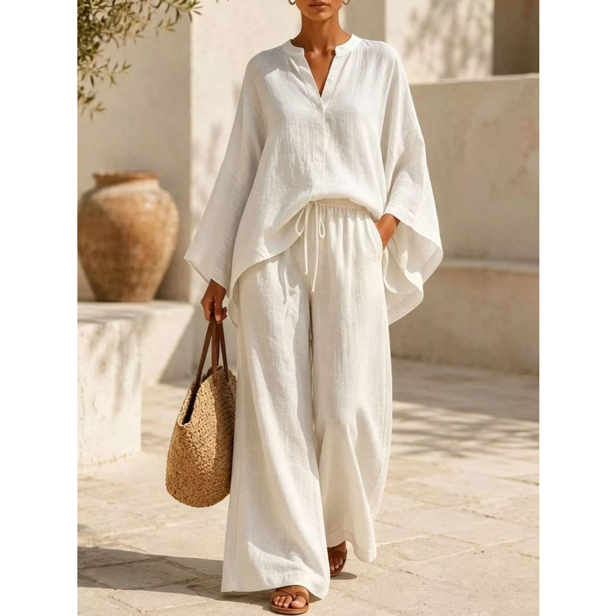 Full Size Notched Long Sleeve Top and Wide-Leg Pants Set Plus Size White / S Apparel and Accessories