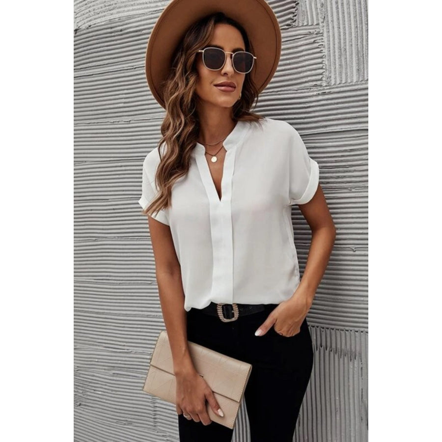 Full Size Notched Short Sleeve Blouse Apparel and Accessories