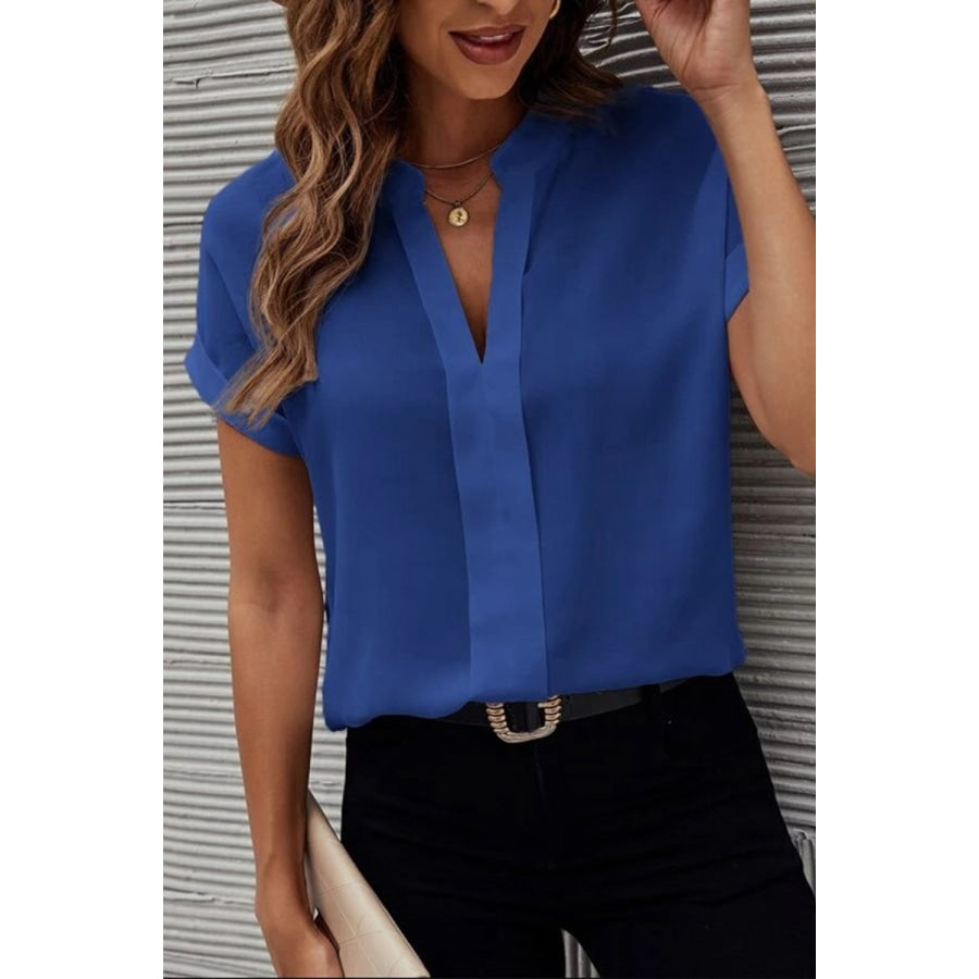 Full Size Notched Short Sleeve Blouse Apparel and Accessories