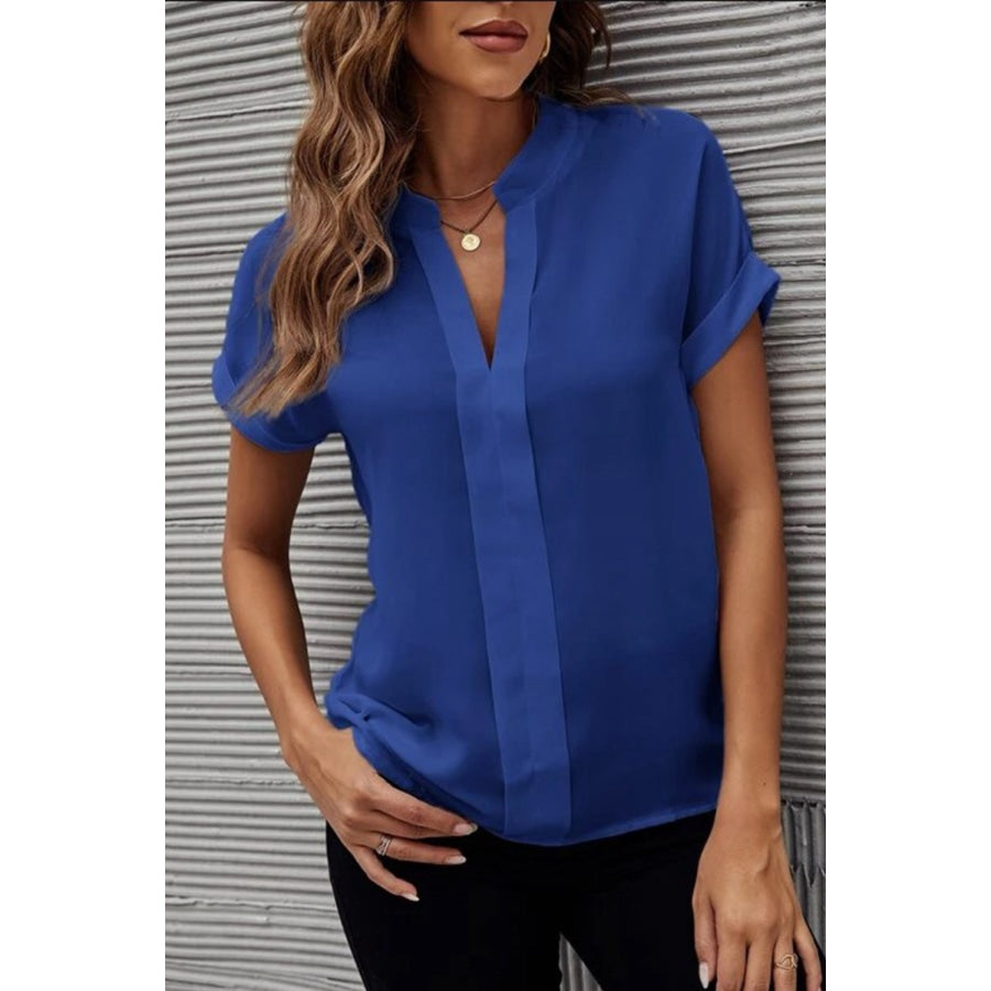 Full Size Notched Short Sleeve Blouse Apparel and Accessories