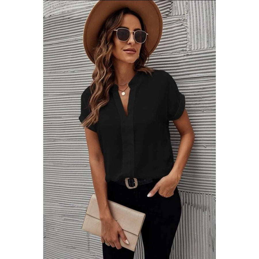 Full Size Notched Short Sleeve Blouse Apparel and Accessories