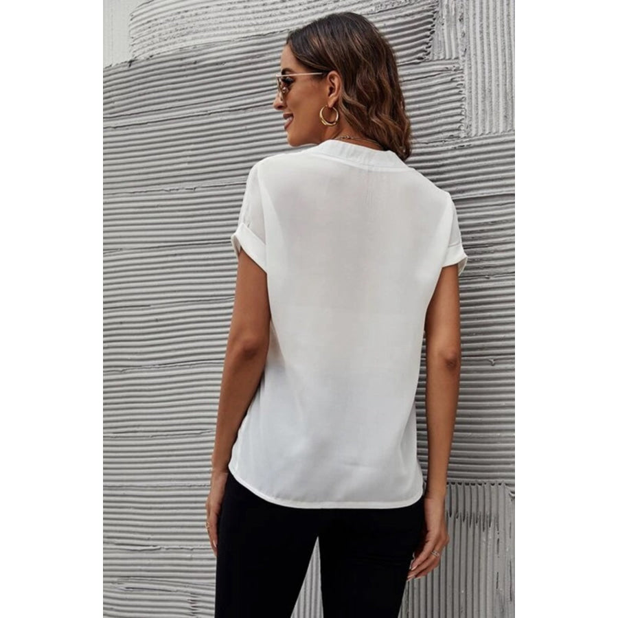 Full Size Notched Short Sleeve Blouse Apparel and Accessories