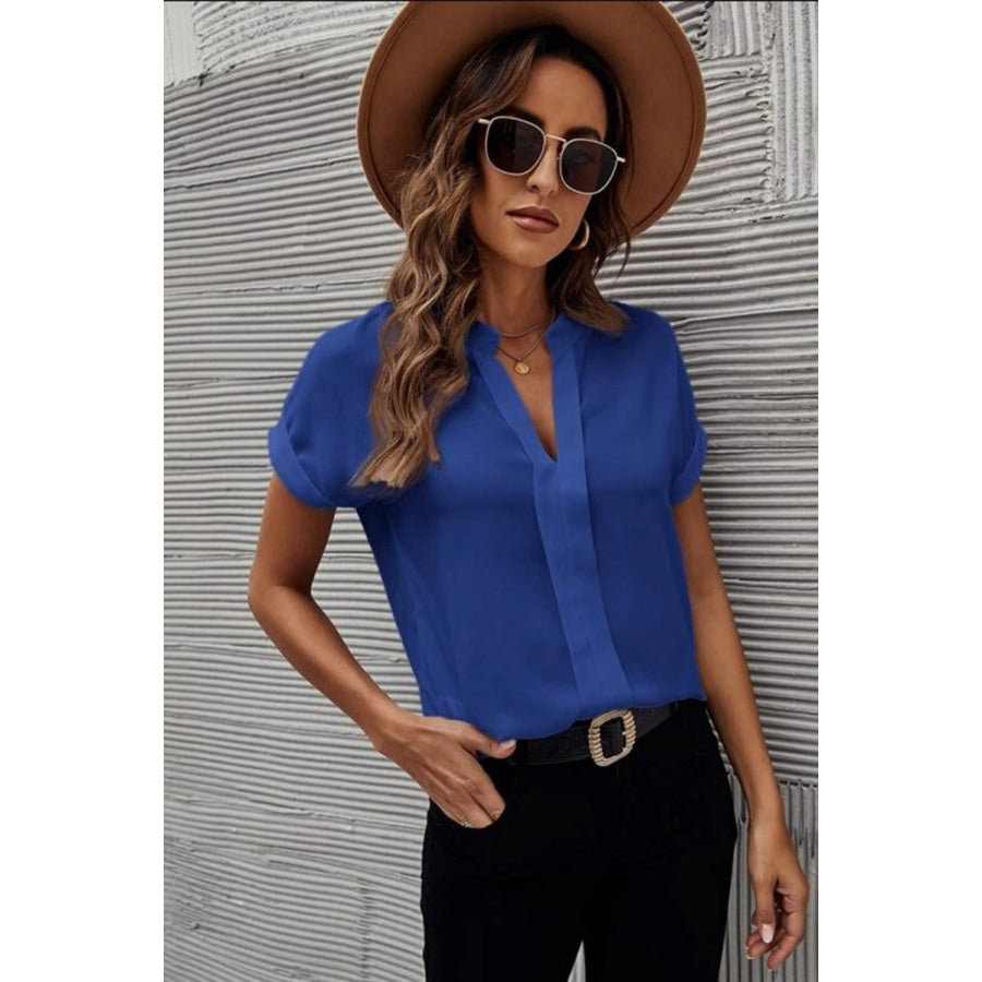 Full Size Notched Short Sleeve Blouse Apparel and Accessories