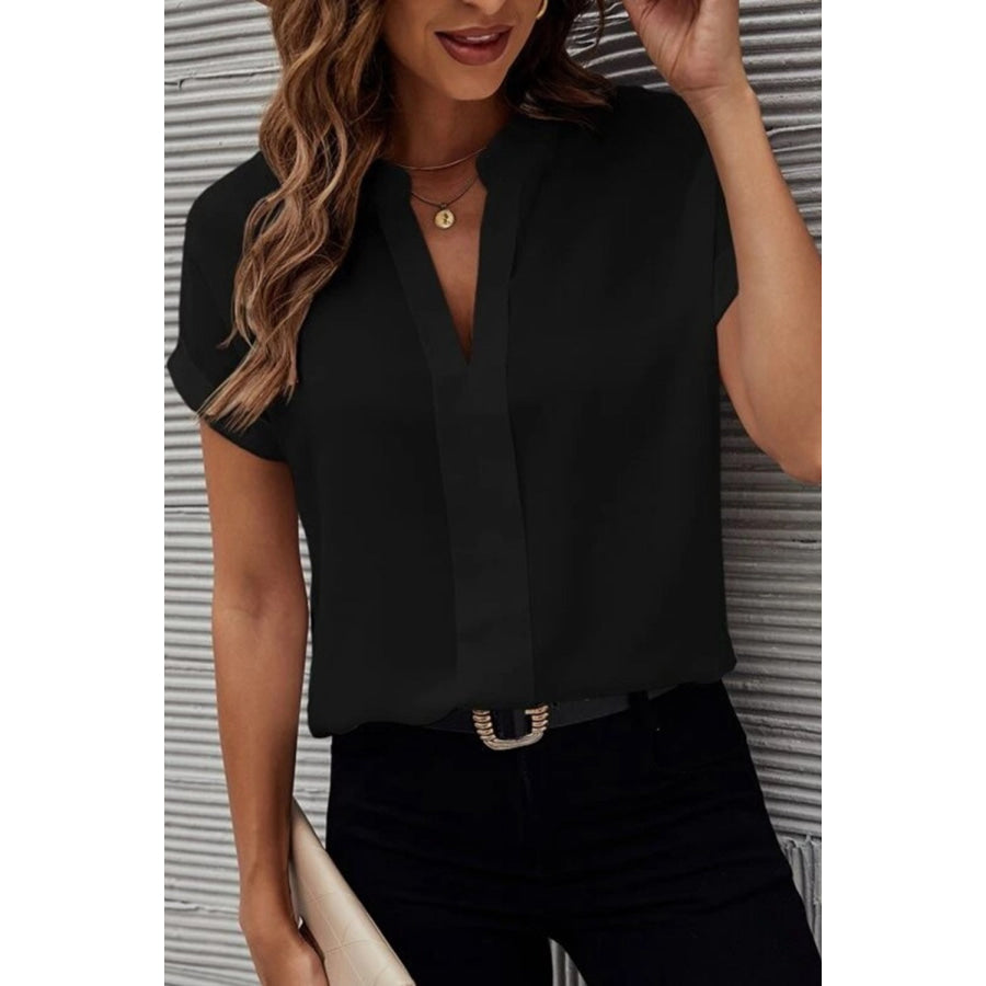 Full Size Notched Short Sleeve Blouse Apparel and Accessories