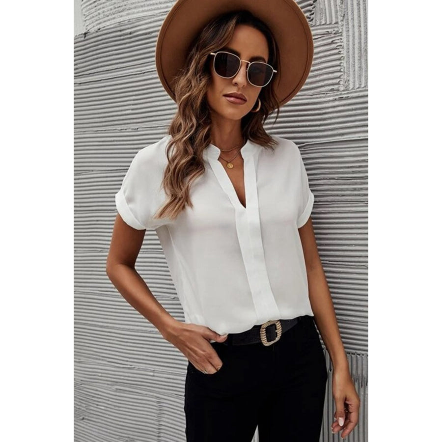 Full Size Notched Short Sleeve Blouse Apparel and Accessories