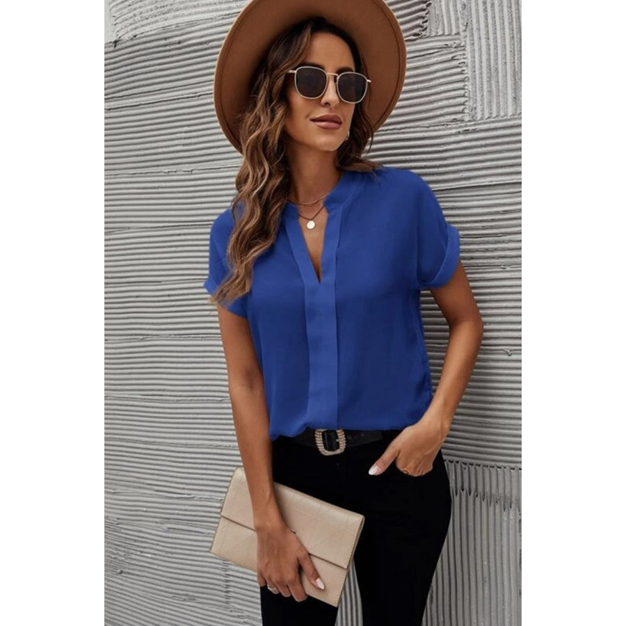 Full Size Notched Short Sleeve Blouse Apparel and Accessories