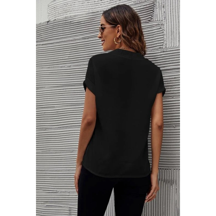 Full Size Notched Short Sleeve Blouse Apparel and Accessories