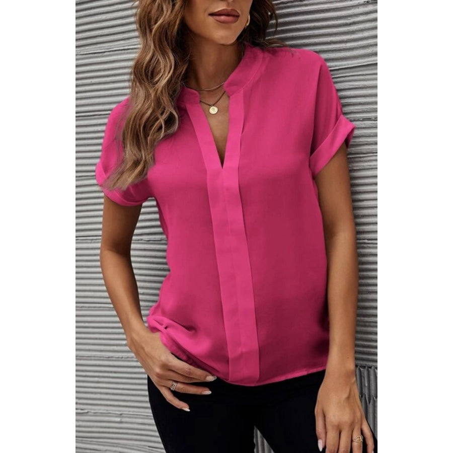 Full Size Notched Short Sleeve Blouse Apparel and Accessories