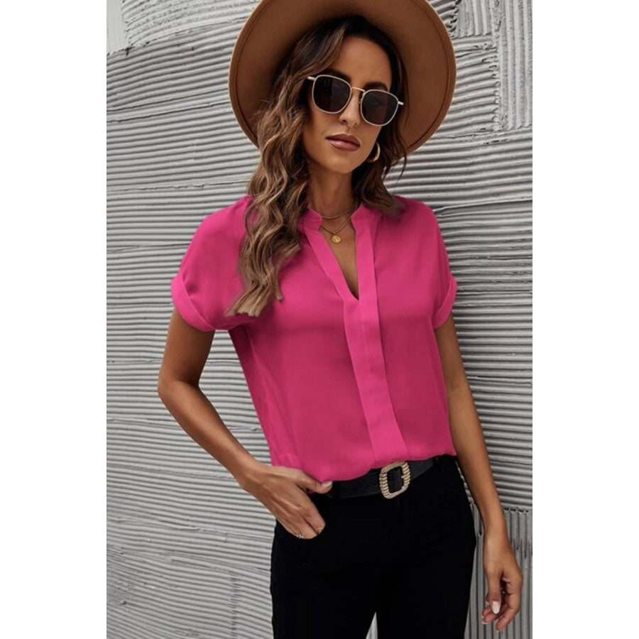 Full Size Notched Short Sleeve Blouse Apparel and Accessories