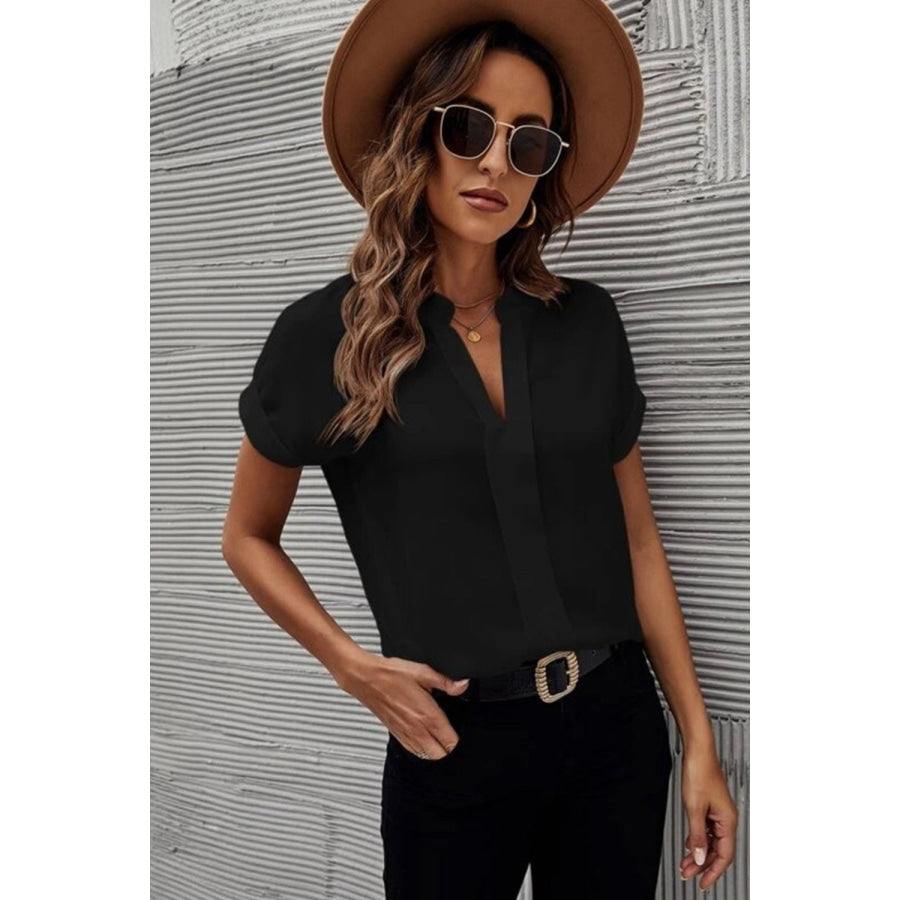 Full Size Notched Short Sleeve Blouse Black / S Apparel and Accessories