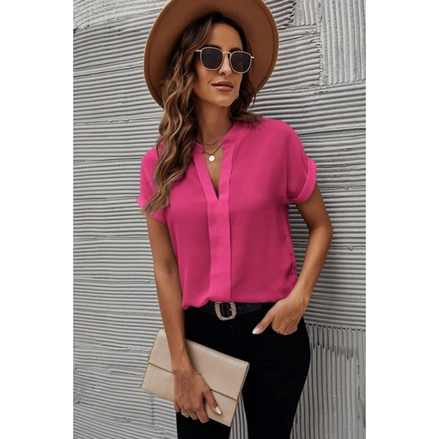 Full Size Notched Short Sleeve Blouse Deep Rose / S Apparel and Accessories