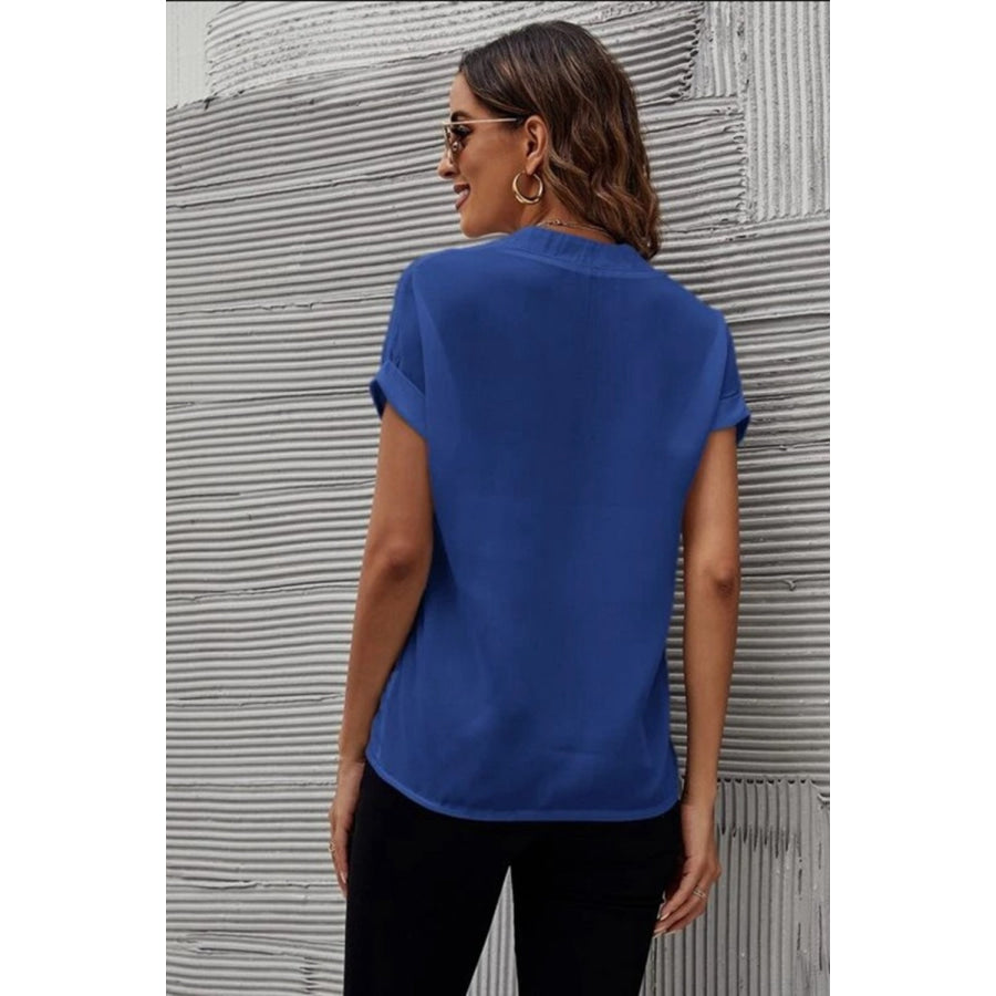 Full Size Notched Short Sleeve Blouse Royal Blue / S Apparel and Accessories