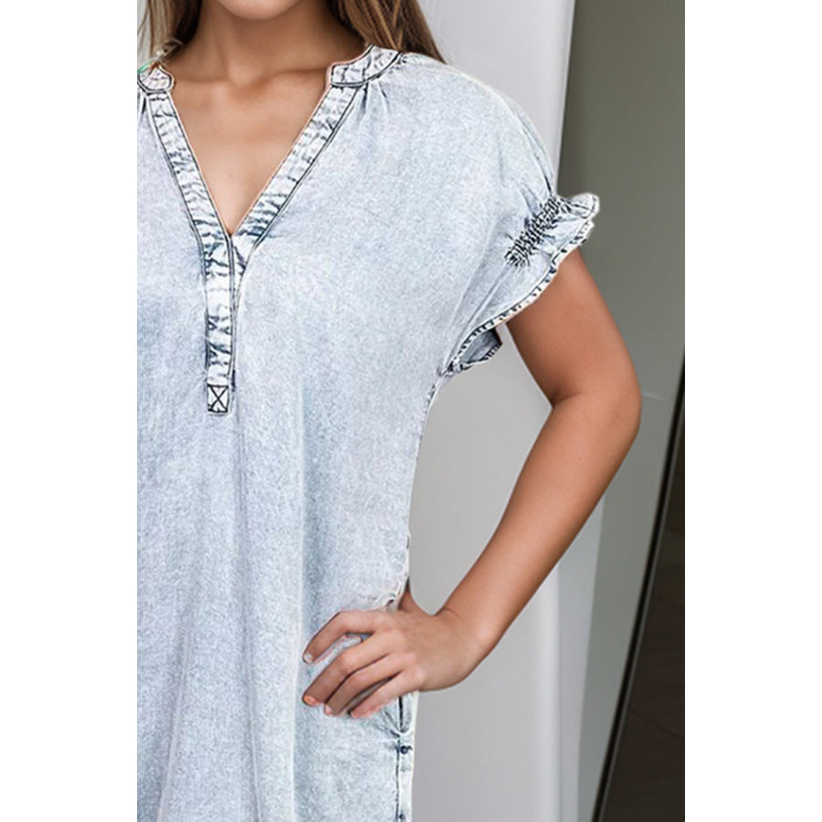 Full Size Notched Short Sleeve Denim Dress Apparel and Accessories