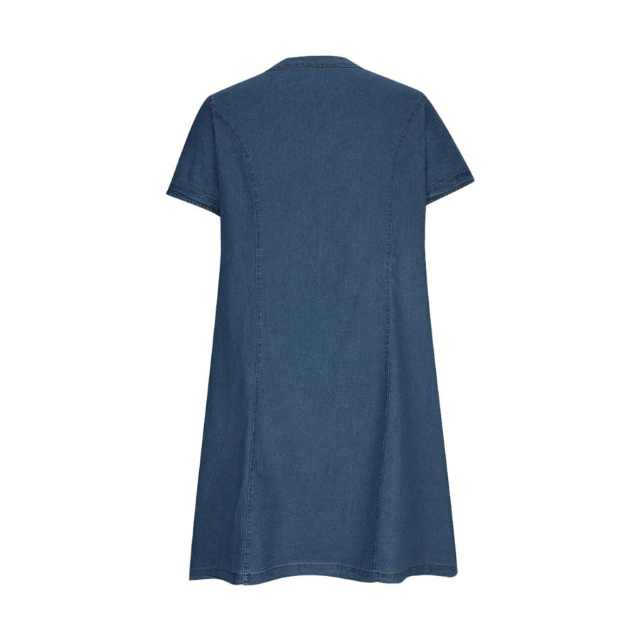 Full Size Notched Short Sleeve Denim Dress Apparel and Accessories