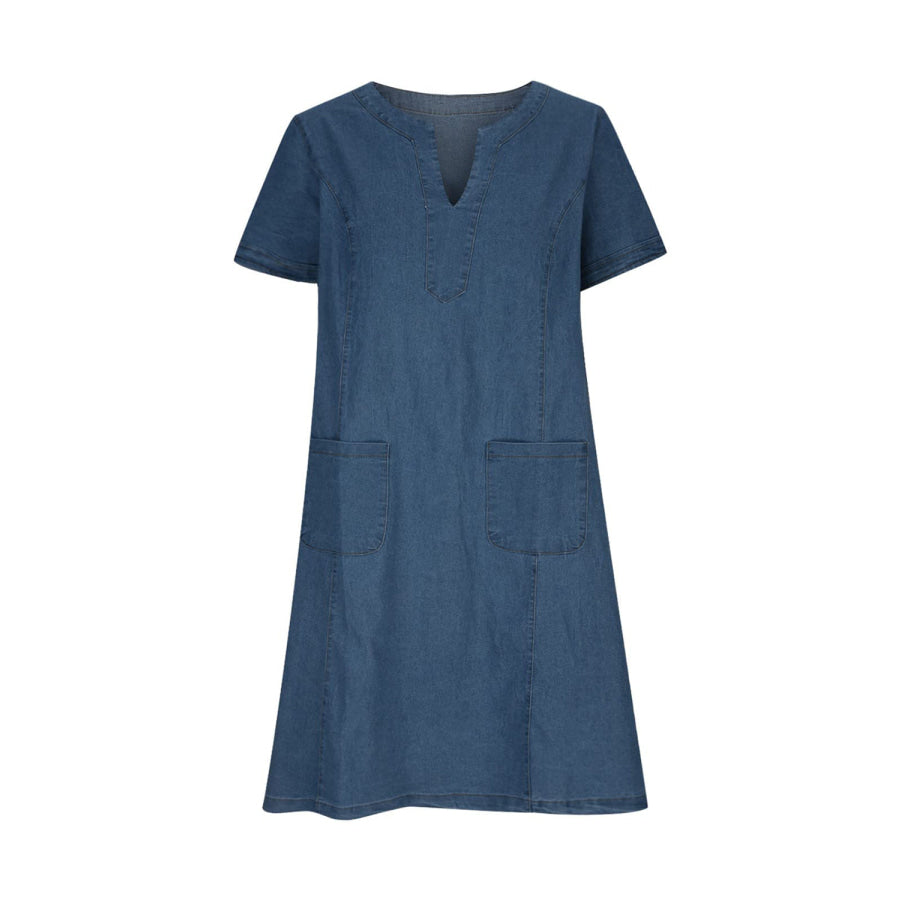 Full Size Notched Short Sleeve Denim Dress Apparel and Accessories