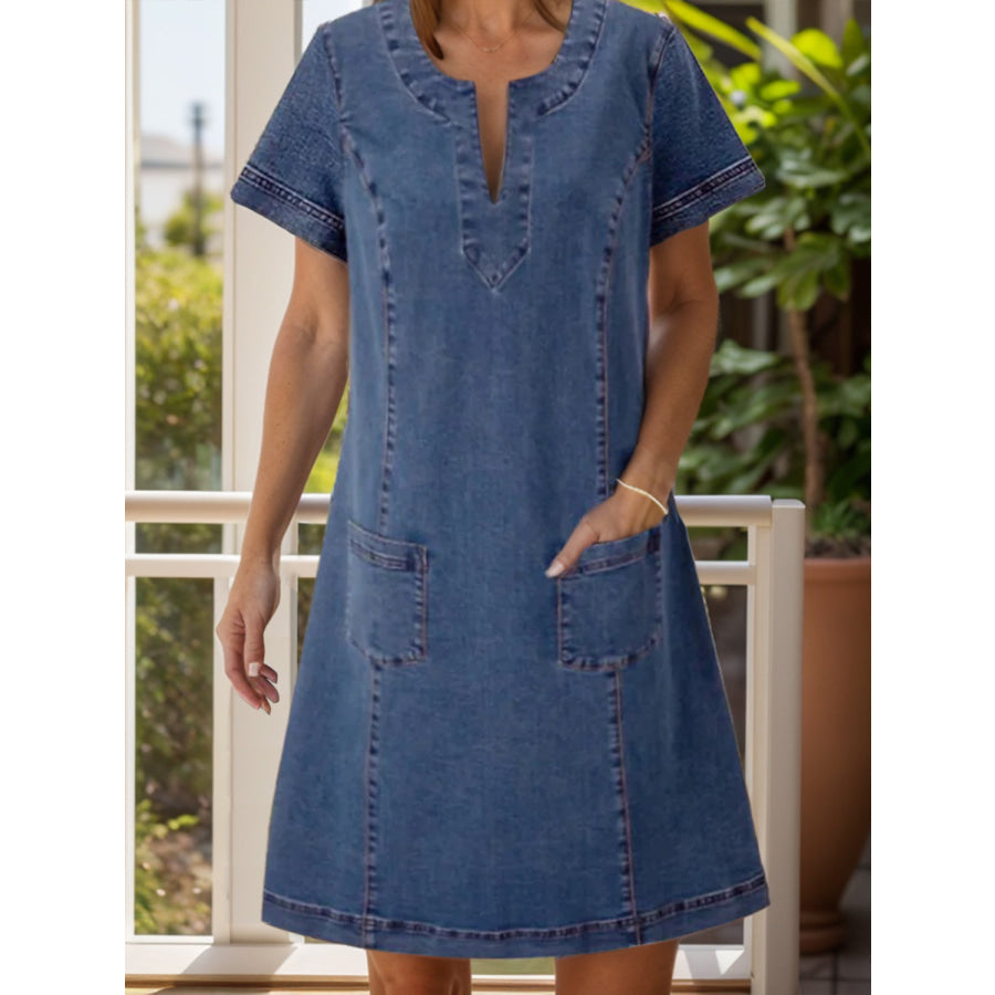 Full Size Notched Short Sleeve Denim Dress Dusty Blue / S Apparel and Accessories