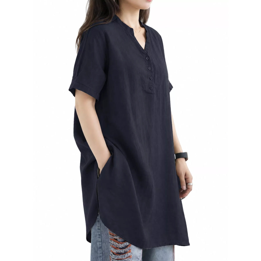 Full Size Notched Short Sleeve Oversize Blouse Plus Apparel and Accessories