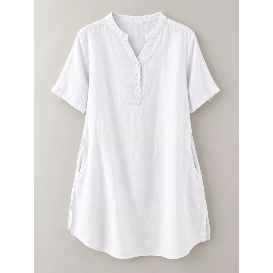 Full Size Notched Short Sleeve Oversize Blouse Plus Apparel and Accessories