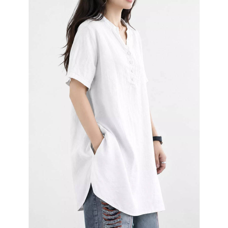 Full Size Notched Short Sleeve Oversize Blouse Plus Apparel and Accessories