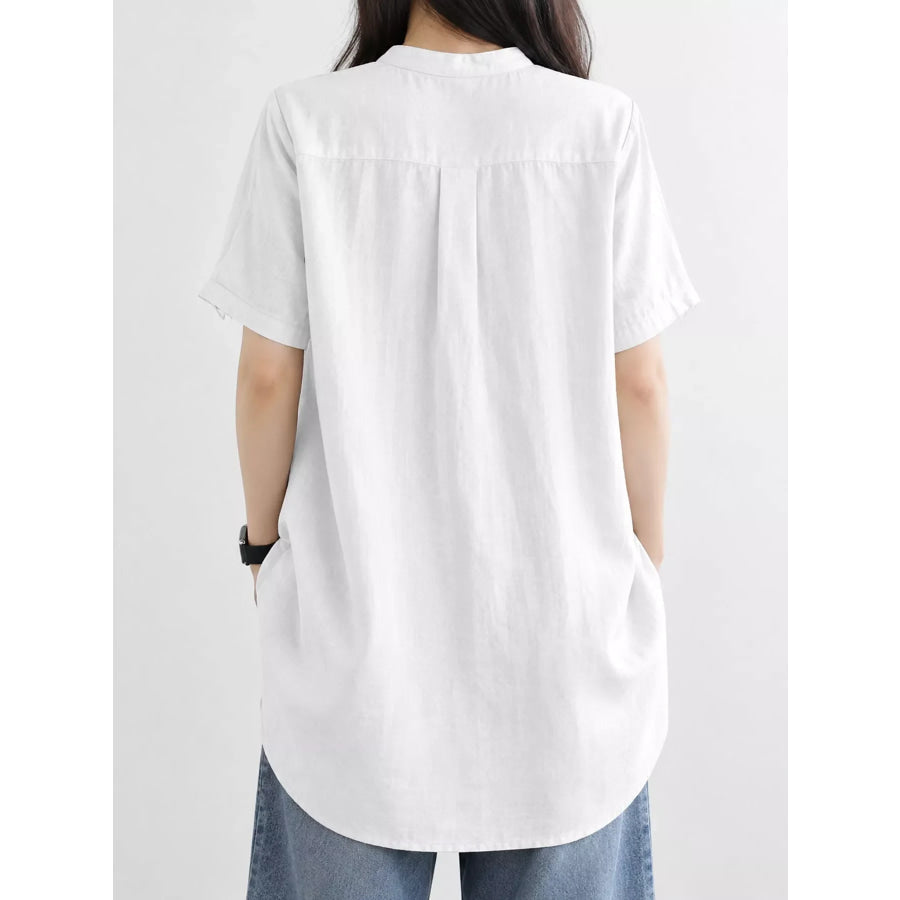 Full Size Notched Short Sleeve Oversize Blouse Plus Apparel and Accessories