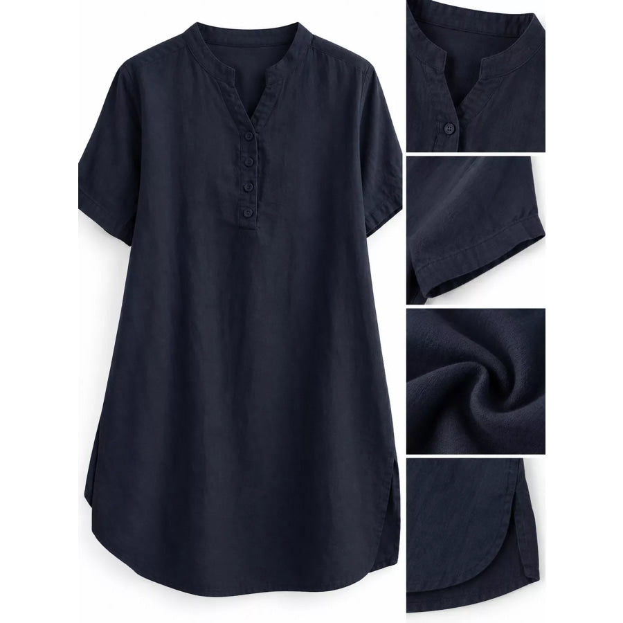 Full Size Notched Short Sleeve Oversize Blouse Plus Apparel and Accessories