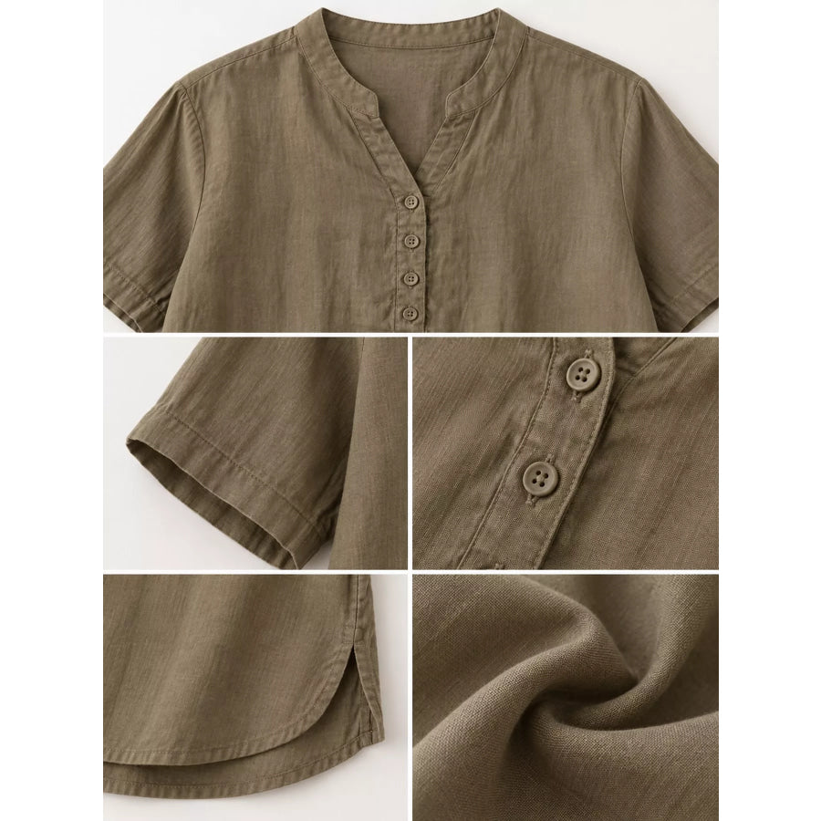 Full Size Notched Short Sleeve Oversize Blouse Plus Apparel and Accessories