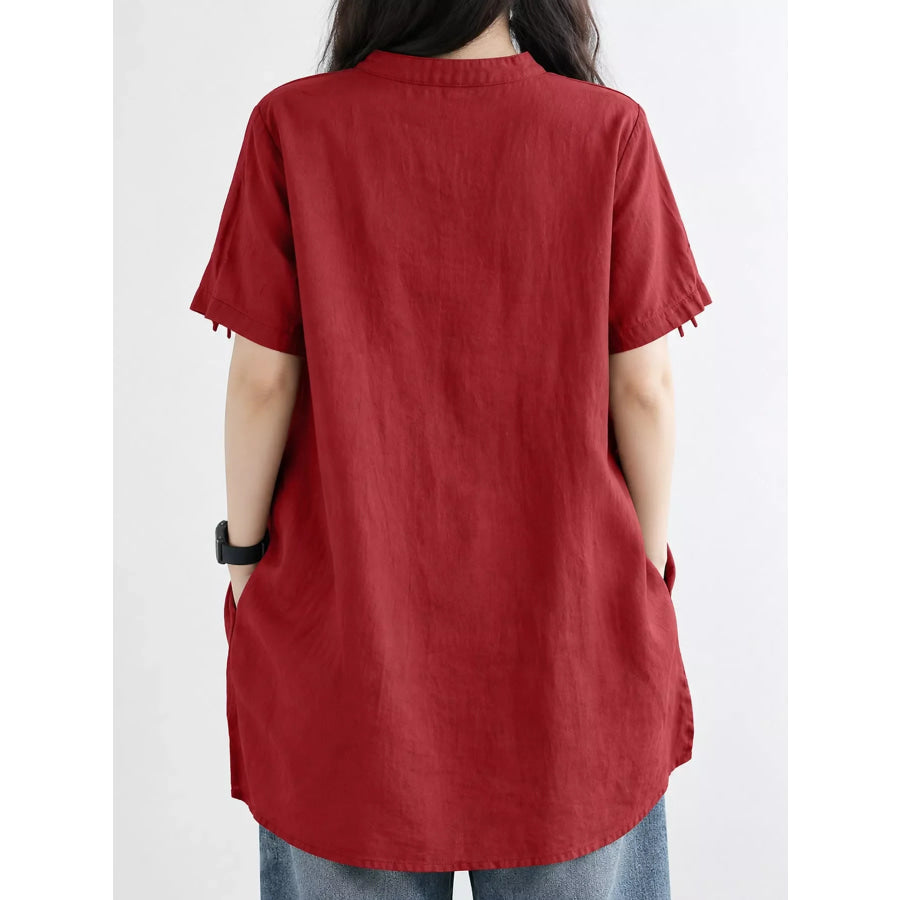 Full Size Notched Short Sleeve Oversize Blouse Plus Apparel and Accessories