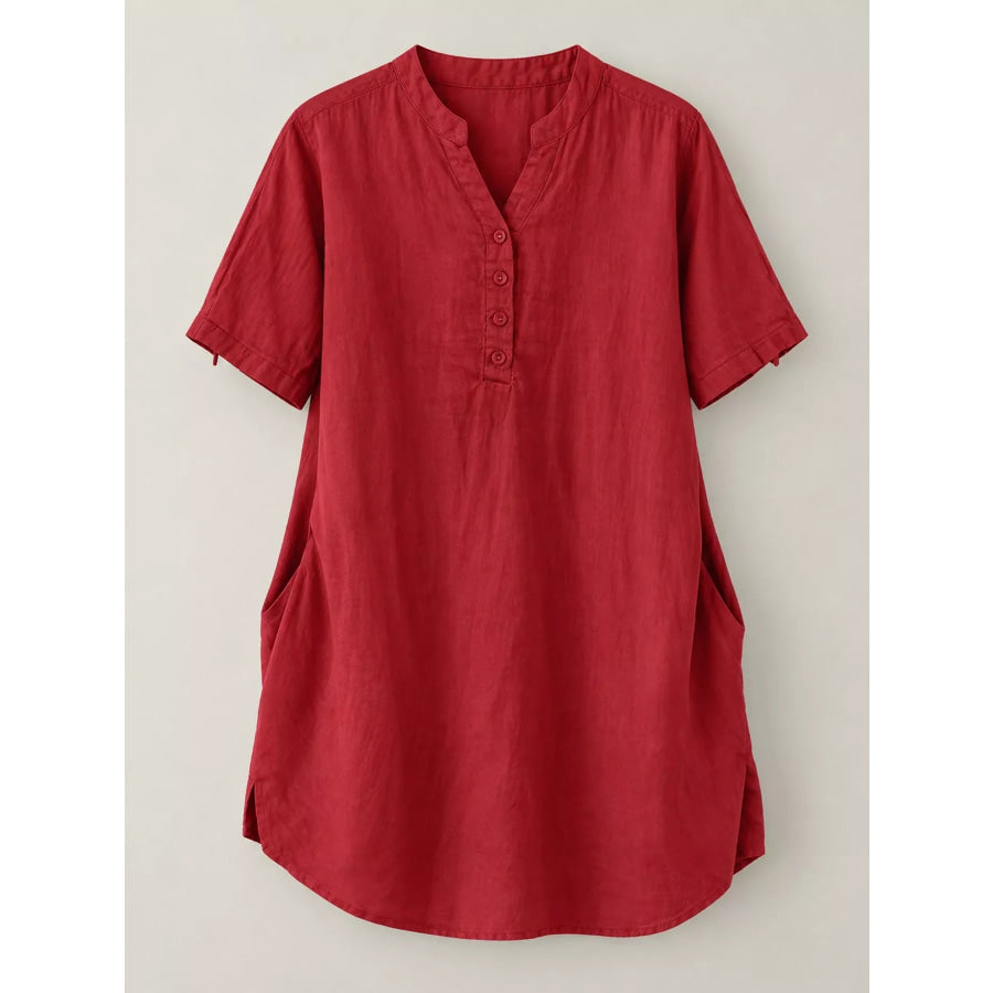 Full Size Notched Short Sleeve Oversize Blouse Plus Apparel and Accessories