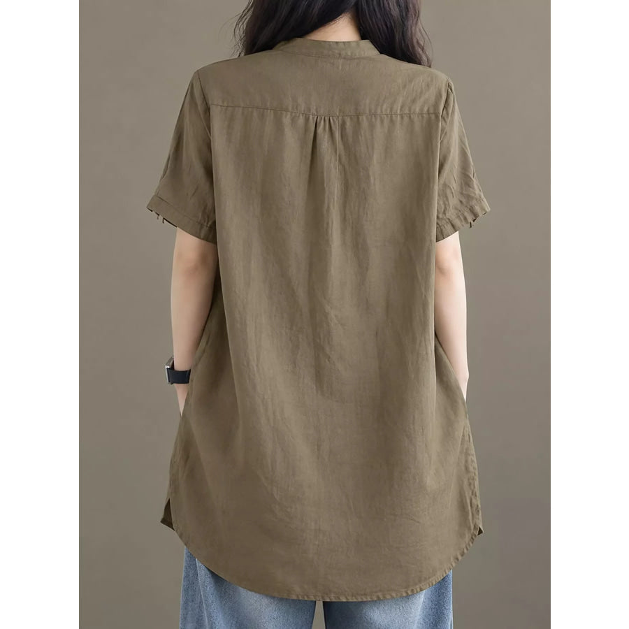 Full Size Notched Short Sleeve Oversize Blouse Plus Apparel and Accessories