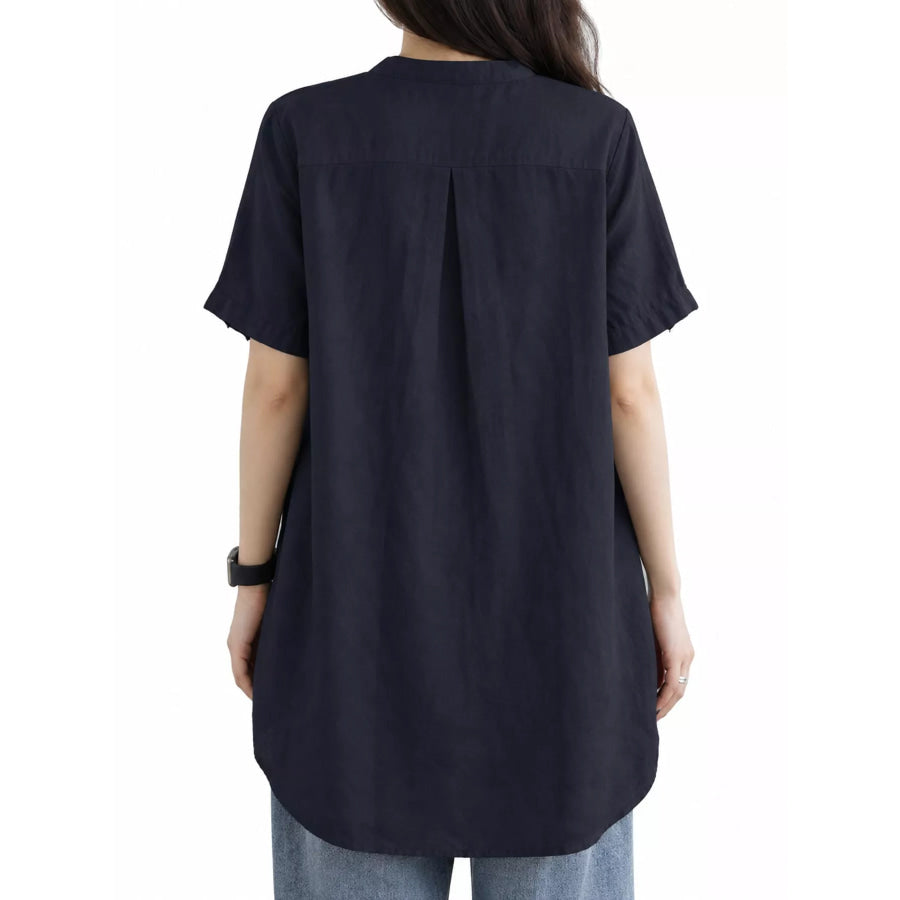Full Size Notched Short Sleeve Oversize Blouse Plus Apparel and Accessories