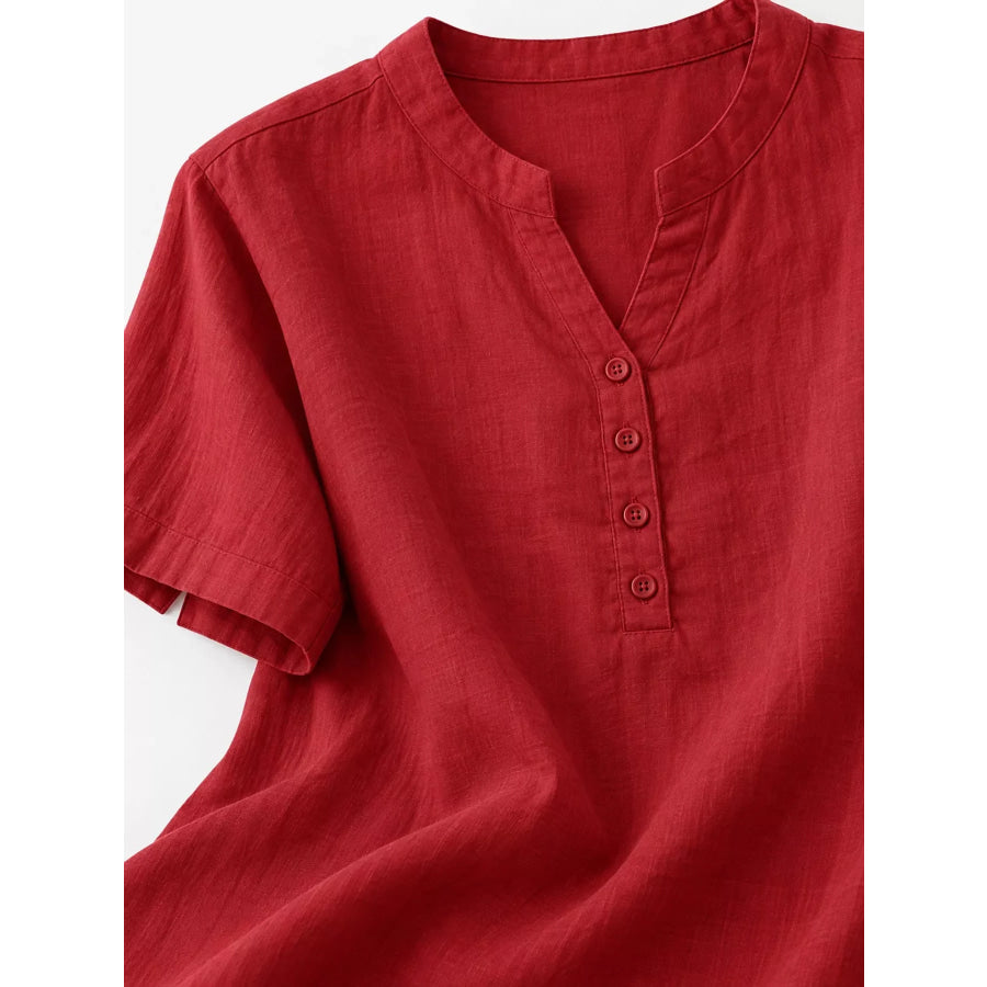 Full Size Notched Short Sleeve Oversize Blouse Plus Apparel and Accessories