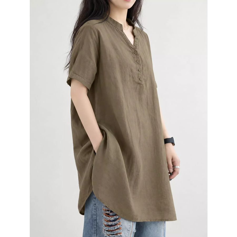 Full Size Notched Short Sleeve Oversize Blouse Plus Apparel and Accessories