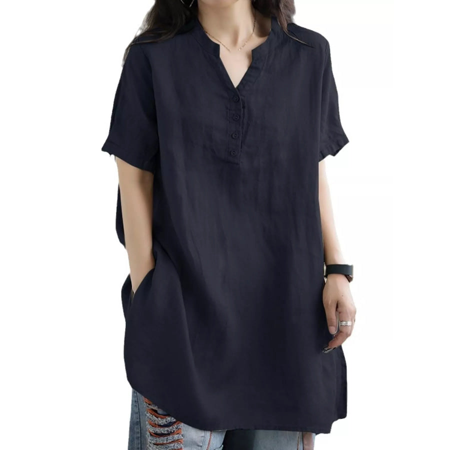 Full Size Notched Short Sleeve Oversize Blouse Plus Navy Blue / S Apparel and Accessories